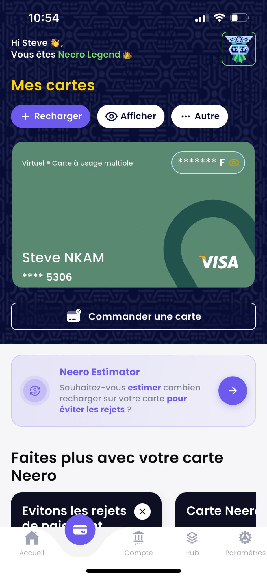 Neero — Mes cartes Visa dans l'application